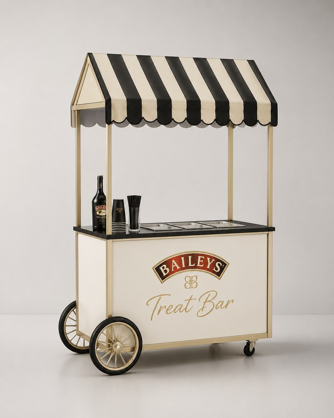 Baileys Treat Bar cart with striped awning and serving wells