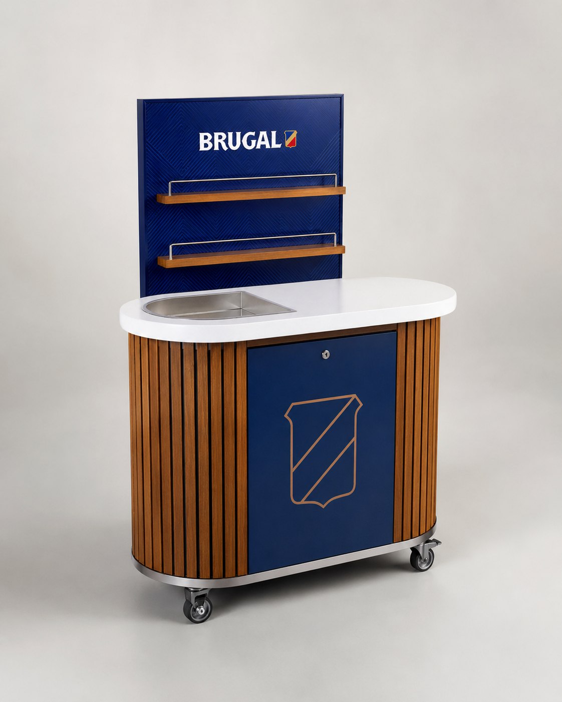 Brugal satellite bar with wood slats, navy panels, and back bar shelving