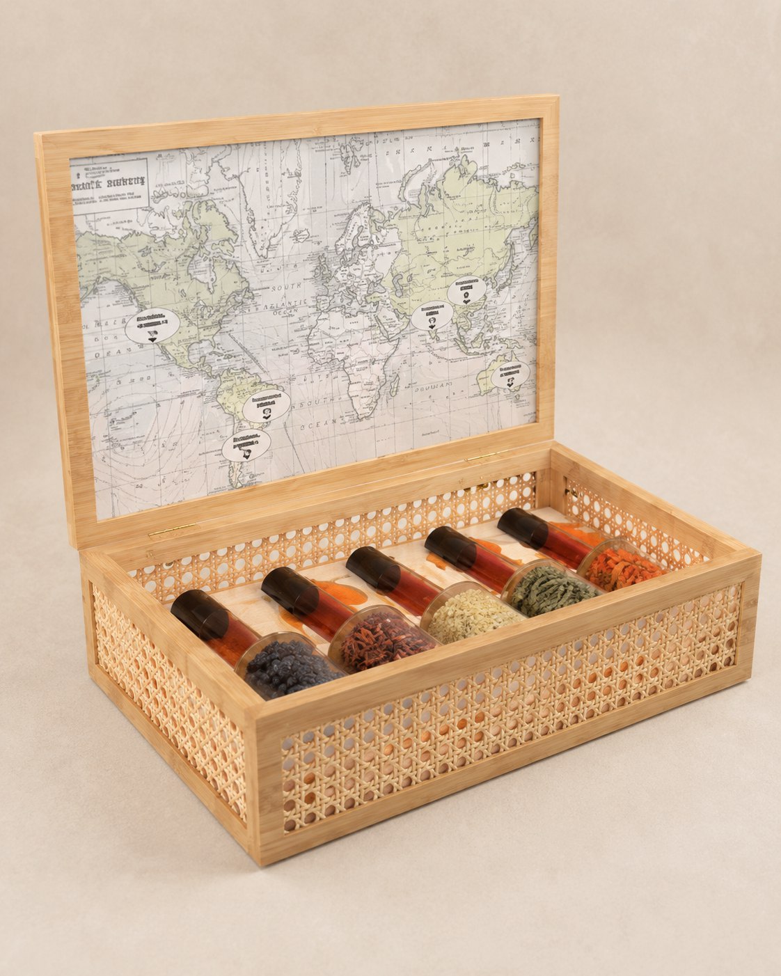 Rattan and bamboo Chandon trainer kit with aroma vials and a map-lined lid