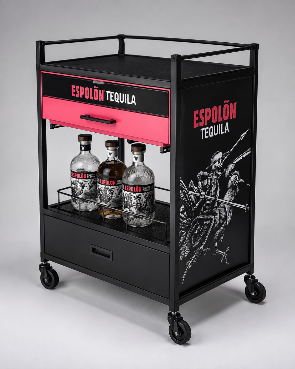 Black and pink Espolon Tequila bar cart with bottle rail and drawers
