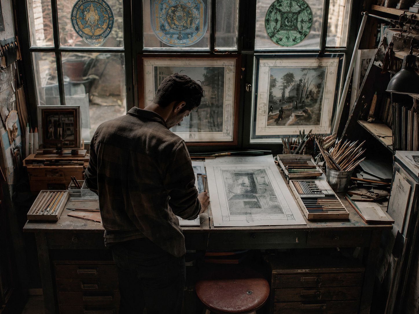 Designer working over concept drawings at a drafting table in the studio