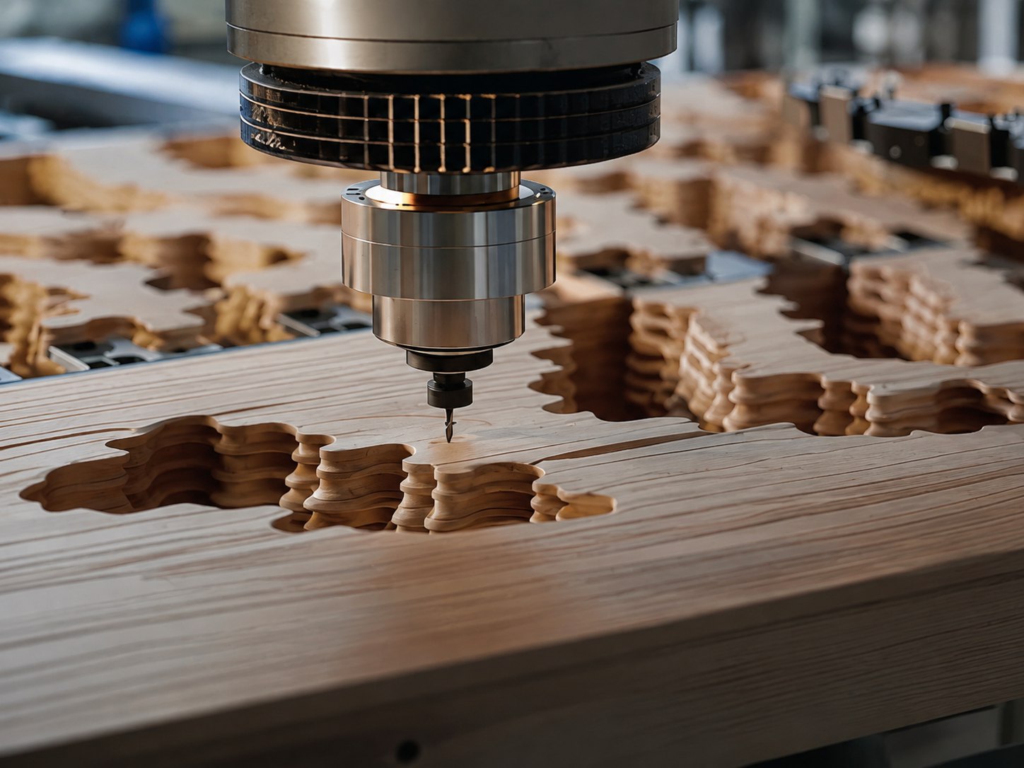 CNC router cutting layered display parts from a wood panel in the workshop