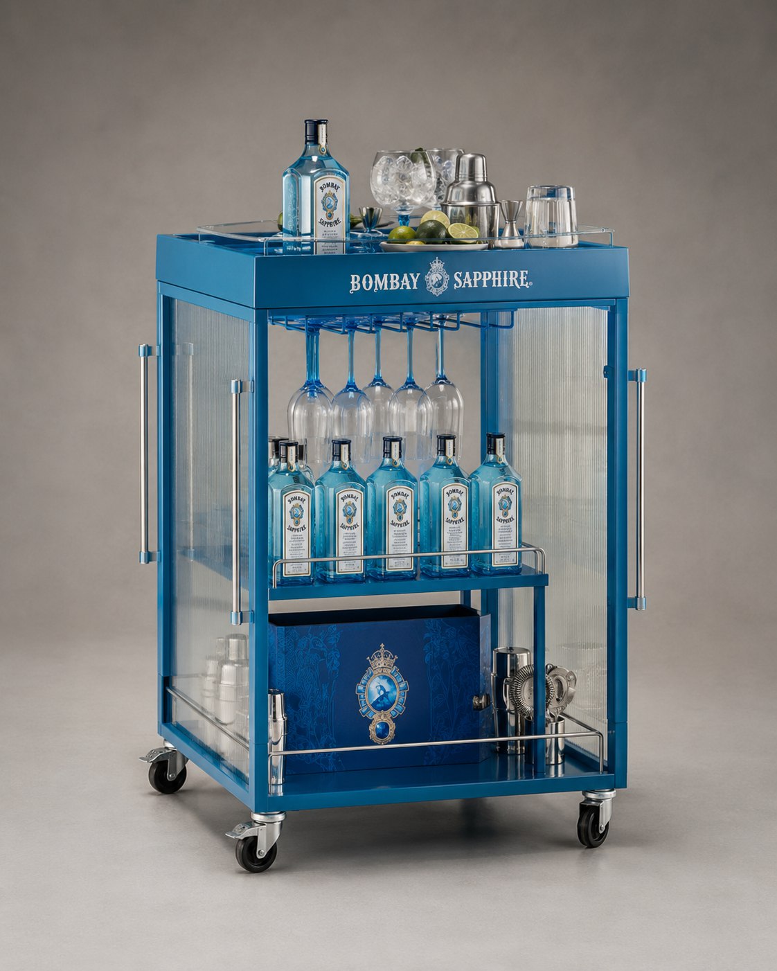Sapphire-blue Bombay bar cart with hanging glassware, bottle rail, and garnish tray